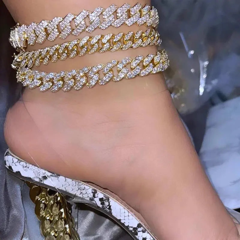 Women's Synthetic Chunky Cuban Chain Link Anklet - Iced Out Rhinestone Gems Anklet, Trendy Jewelry, Luxury Beach Barefoot Costume Accessory, Jewelry for Women