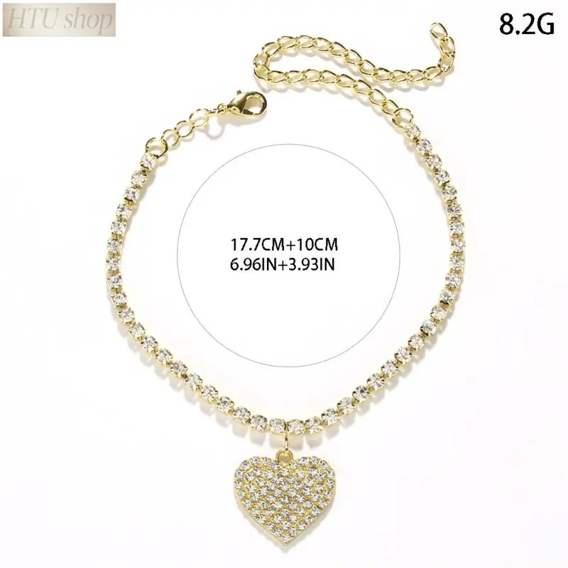 Boho Rhinestone Love Anklet for Women, Sparkling Heart Pendant Beaded Beach Anklet, Dainty Summer Ocean Vacation Foot Jewelry, Minimalist Cute Charm Adjustable Ankle Bracelet for Holiday Outfit