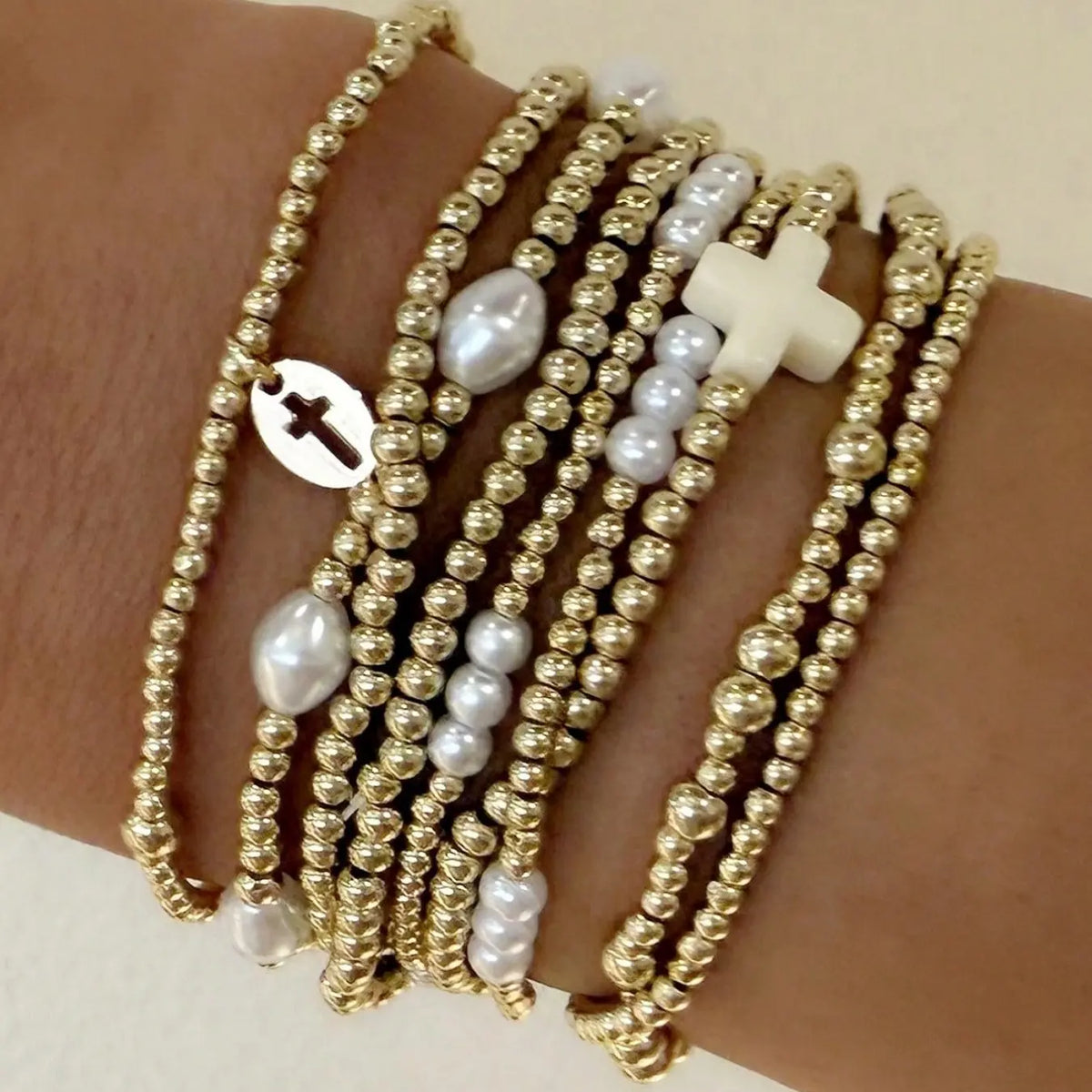 9-Piece Fashion Cross Pendant Artificial Pearl CCB Beaded Bracelets, Elastic Bracelet Set, Stacked Design Bracelets, Women's Layered Stacking Bracelets for Daily Wear