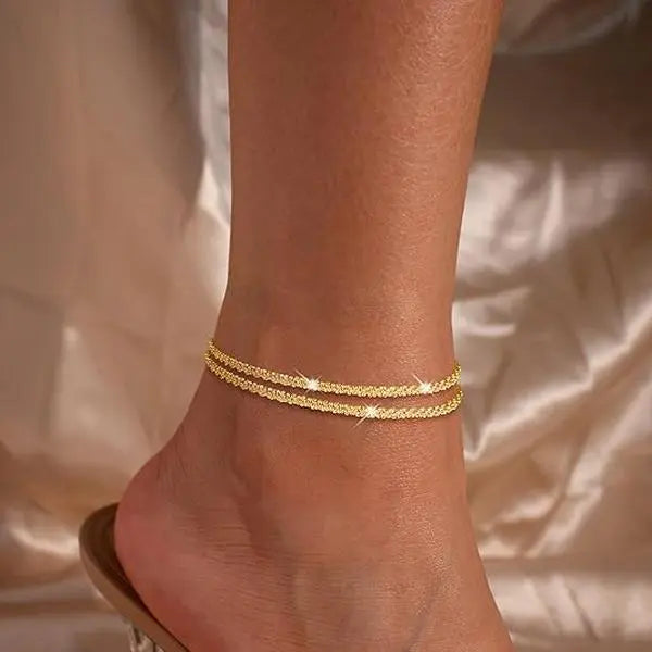 Tewiky 14K Gold Plated ankle bracelet Jewellery for women Glitter Waterproof Adjustable Two Chains anklets for women, ankle bracelet Casual Anklets, Summer Beach Anklet Jewelry for Women Gift.Valentine's Day Gift,Fashion Items Holiday gifts