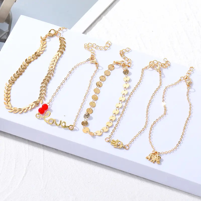 Female Gold-Layered Anklets - Boho Chevron Pattern, Hamsa Hand, Elephant Foot, Geometric, Love Letter Bead Animal Layering Foot Chains for Summer Gifting (Sports & Outdoor Camping & Hiking Hammocks Accessory)