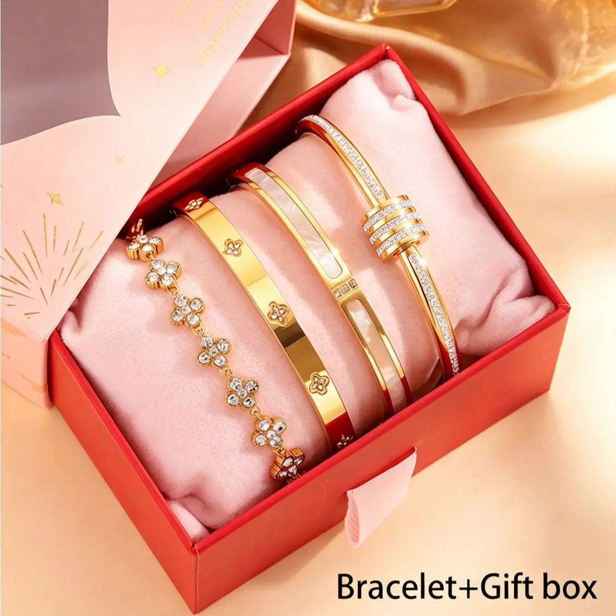 4-piece stainless steel diamond bracelet with exquisite gift box, French elegant fashion style, very suitable for gift-giving and daily commuting, Set bracelet