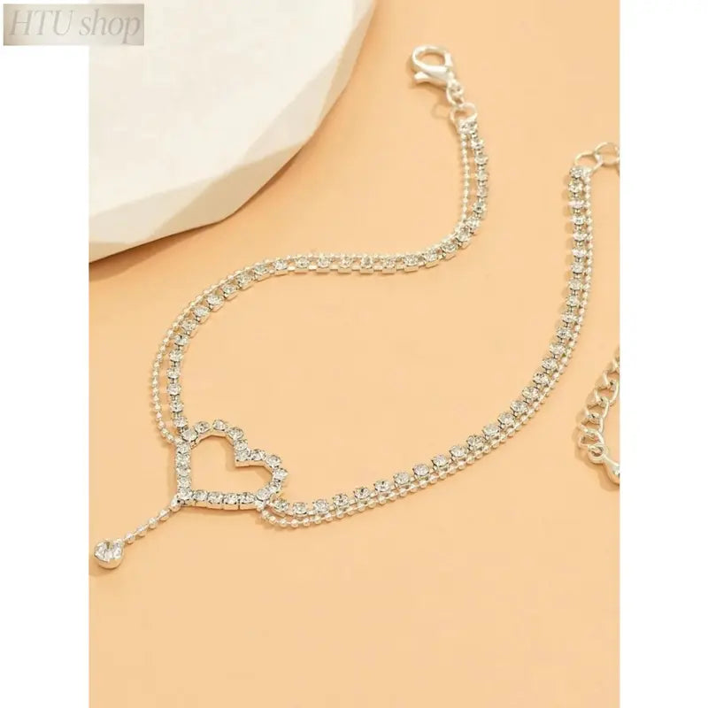 Women's Elegant Heart Rhinestone Anklet - Stainless Steel Chain Wearable Jewelry, Elegant Accessory, Light Luxury Casual Style, Ideal for Everyday Wear, Beach Date Night Gift