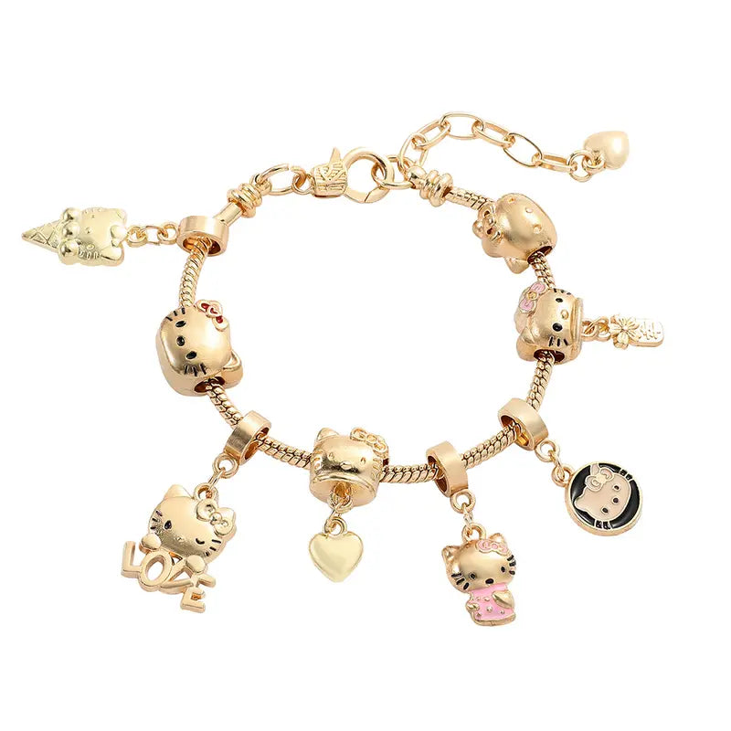 Sanrio Hello Kitty Charm Bracelet with Heart Key & Pink Bead Accents Adjustable Fit Sparkling Design for Sanrio Fans
