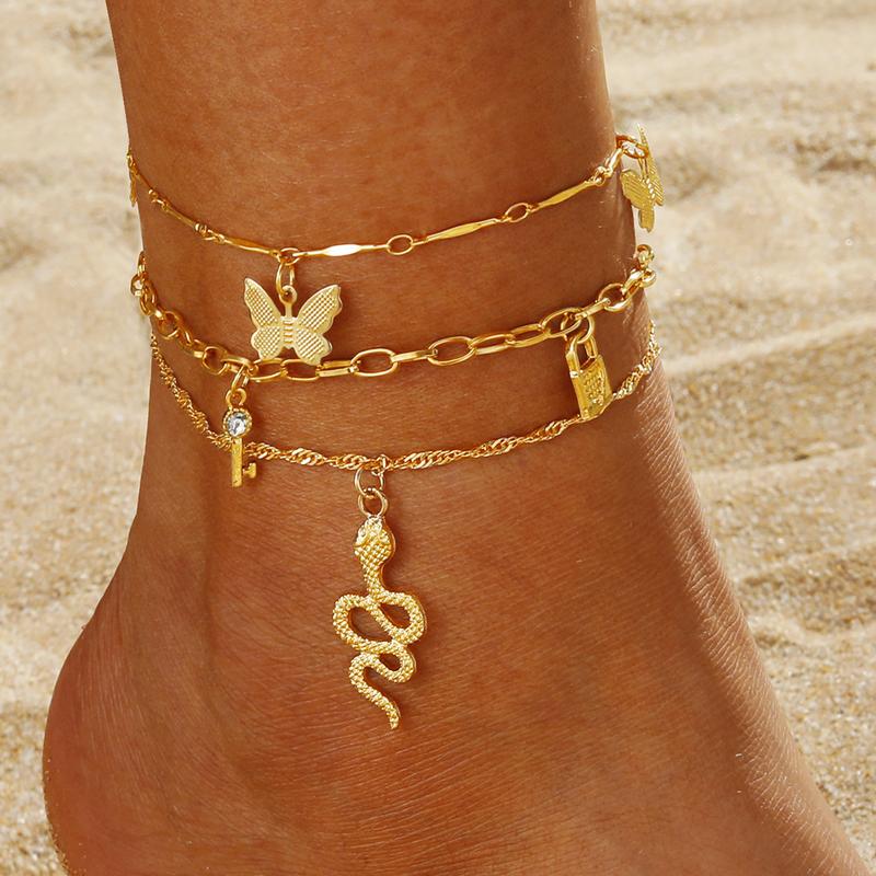 Female Gold-Layered Anklets - Boho Chevron Pattern, Hamsa Hand, Elephant Foot, Geometric, Love Letter Bead Animal Layering Foot Chains for Summer Gifting (Sports & Outdoor Camping & Hiking Hammocks Accessory)