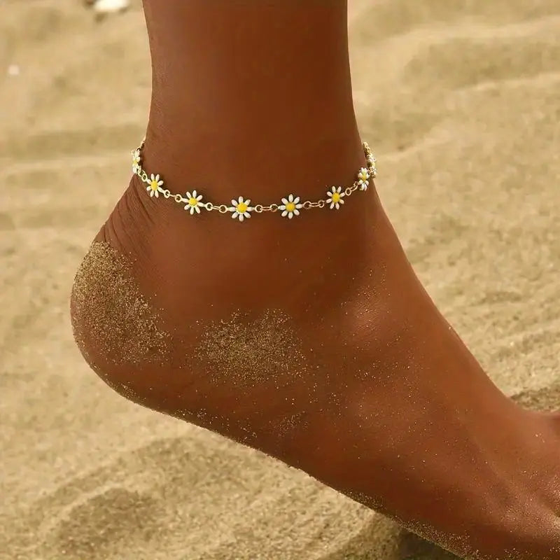Teen Girls' 1-Piece Chrysanthemum Daisy Chain Gold Metal Coating Anklet - Fashion Chic Accessories for Girls, Flower Design, Polished Shine, Summer Daily Costume Jewelry Gift