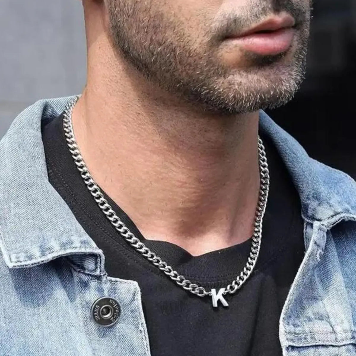Men's Letter Cuban Necklace, Stainless Steel, Silver Color Letters A-Z Pendant, Chain Design, Personalized Gift for Men, Initial Necklaces