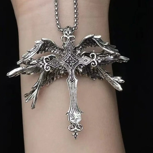 Silver Winged Cross Pendant Necklace, Detailed Pendant Vintage Style Jewelry with Intricate Engraved & Wing Detail, for Men & Women, Daily & Streetwear Occasions, Cross Motifs Necklaces