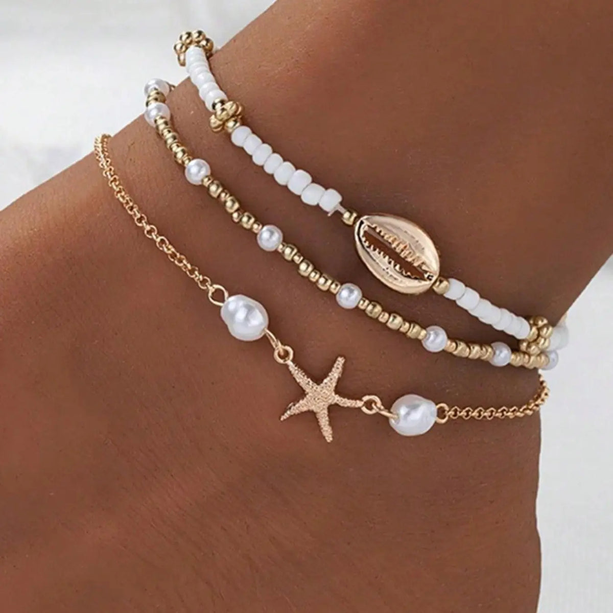 Boho Pearl Shell Pendant Anklet Set, Elastic Multi-Layer Beach Vacation Jewelry, Dainty Layered Anklet, Perfect Gift for Parties and Daily Wear, Foot Jewelry, Jewellery Accessories