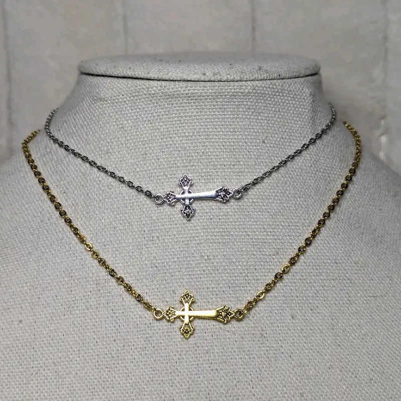 Small Sideways Cross Choker Necklace Silver And Gold