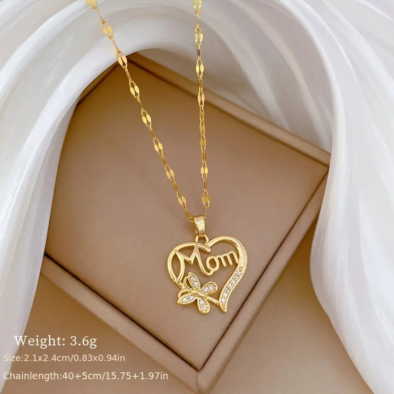 Women's Stainless Steel Heart-Shape Chain & Link Necklace with Butterfly Pendant, Elegant Wearable CZ Shine - Comfortable Female Gift for Mothers Day, Everyday Elegance for Daily Wear & Special Occasions