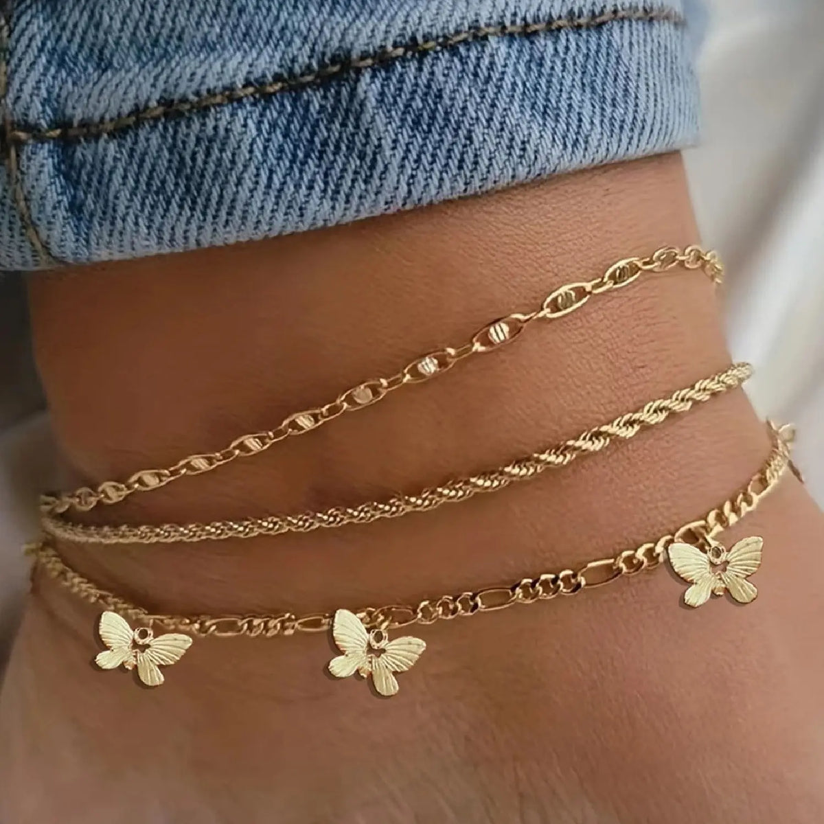 3-Piece Retro Boho Butterfly Chain Ankle Bracelet Set, Casual Copper Anklets for Summer Parties, Ideal Gift, Trendy Fashionable Accessories, Foot Jewelry