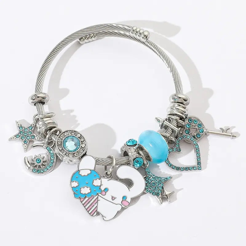 Sanrio Hello Kitty Charm Bracelet with Heart Key & Pink Bead Accents Adjustable Fit Sparkling Design for Sanrio Fans