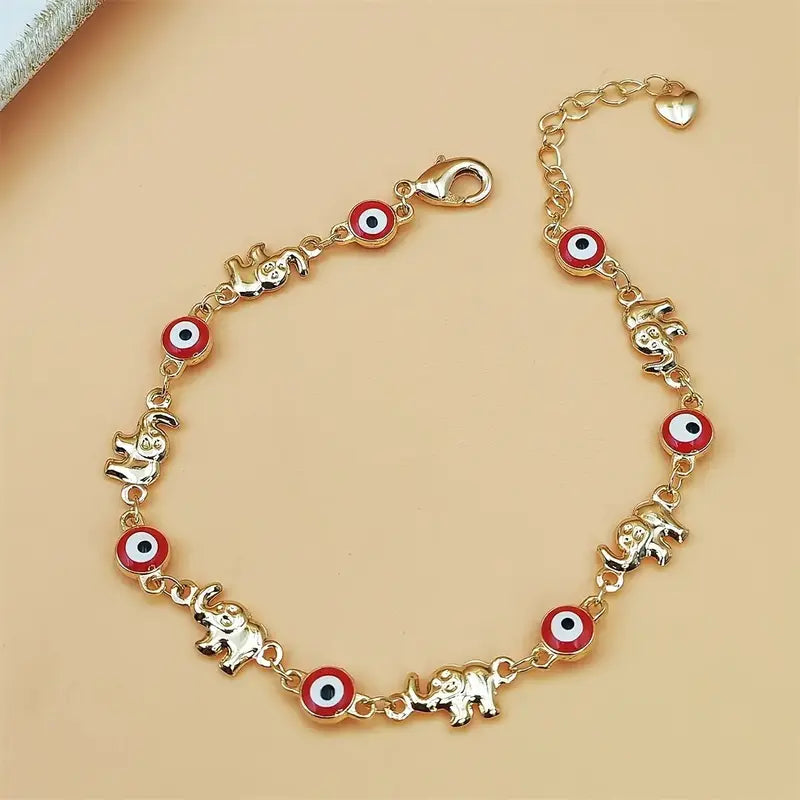 Women's Fashionable Boho Elephant Charm Bracelet - Vintage Gold-Tone Stainless Steel, Adjustable Layering Chain for Layered Look, Red Elephant Eye Pendant, Festival Accessory, Sohochic, Steel Plastic