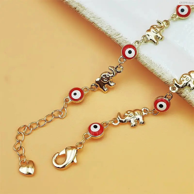 Women's Fashionable Boho Elephant Charm Bracelet - Vintage Gold-Tone Stainless Steel, Adjustable Layering Chain for Layered Look, Red Elephant Eye Pendant, Festival Accessory, Sohochic, Steel Plastic