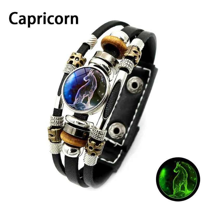 Glow-in-the-Dark 12 Zodiac Signs Leather Bracelet for Women Men 6.9in/8.1in, Glowing Effect Jewelry for Astrology Lovers, Fashion Accessory Jewelry Gift