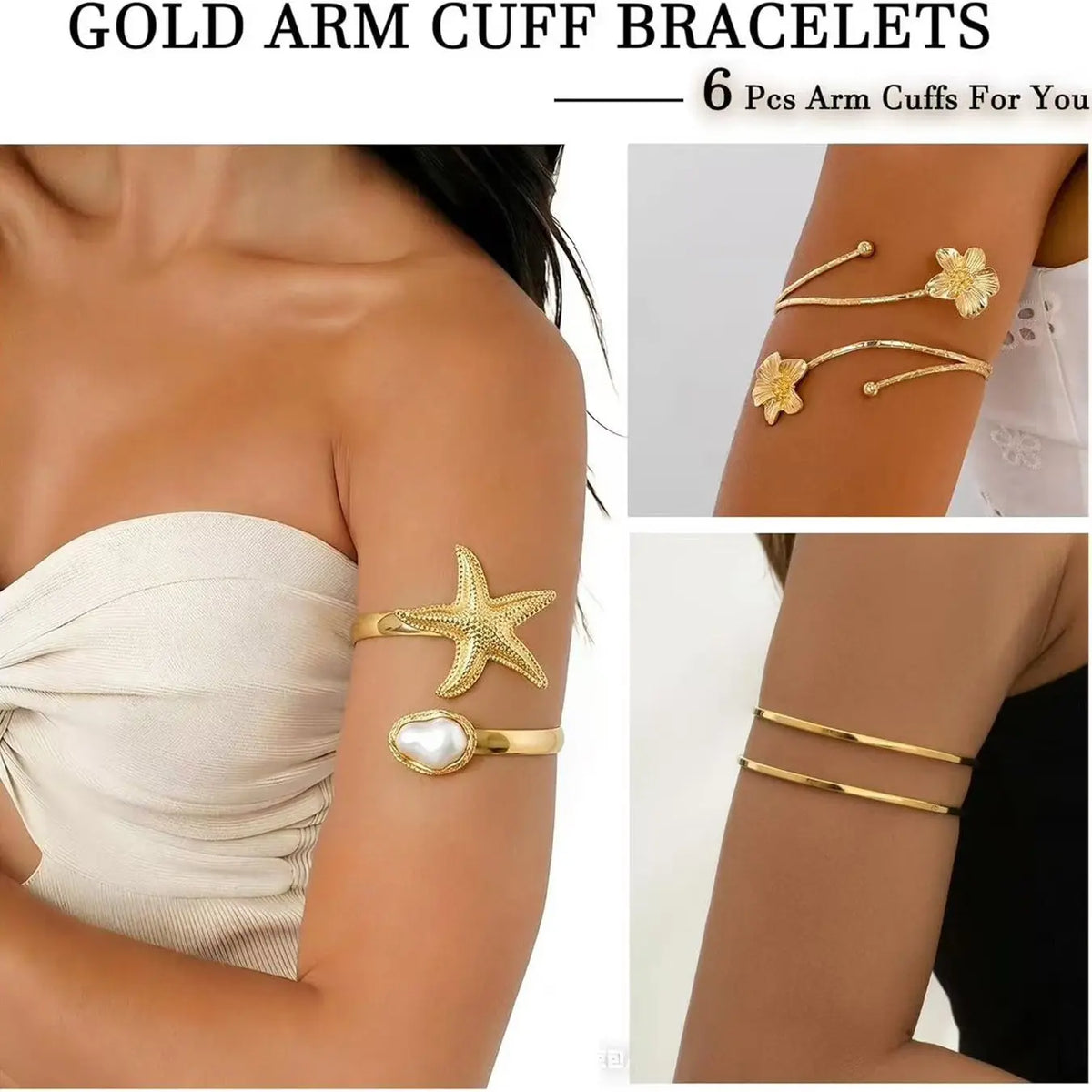 6PCS Gold Arm Cuff Bracelets for Women, Boho Statement Gold Upper Arm Bangle Band Armlet, Open Adjustable Cuff Bracelet Set, Stackable, Fashion Jewelry