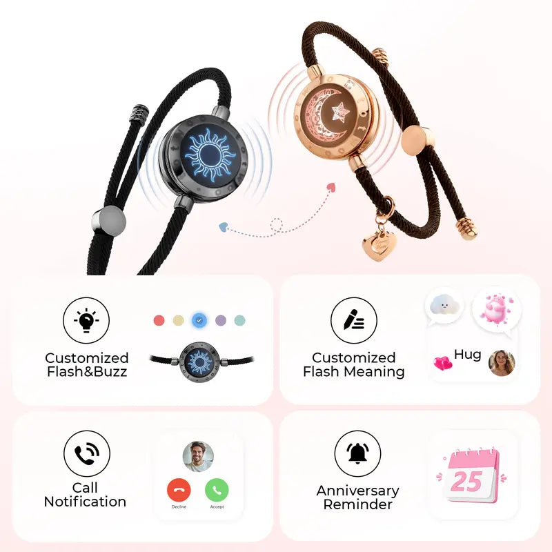 TOTWOO Sun and Moon Long Distance Touch Bracelets for Couples, Vibration & Light Up Bracelet, Women's Fashion Smart Jewelry, Gifts for Girlfriend, One-to-One Bluetooth Pairing via App
