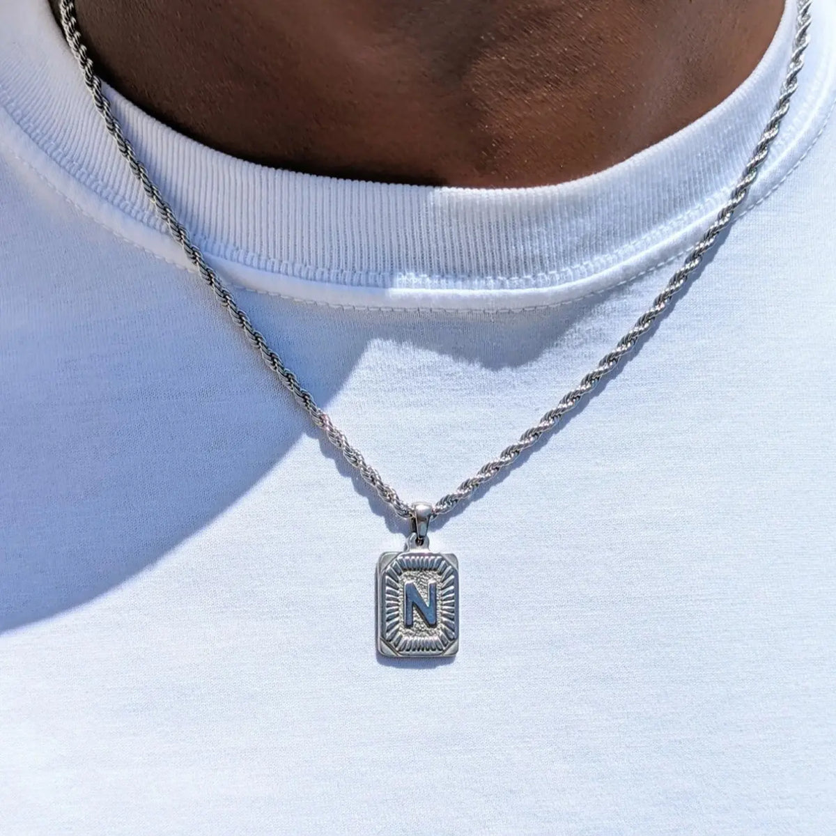 Men's Stainless Steel Necklace with Square Pendant and Initial Letter, Personalized A-Z Design, Rope Chain Jewelry, Durable Fashion Accessory, Exquisite Jewelry Gift