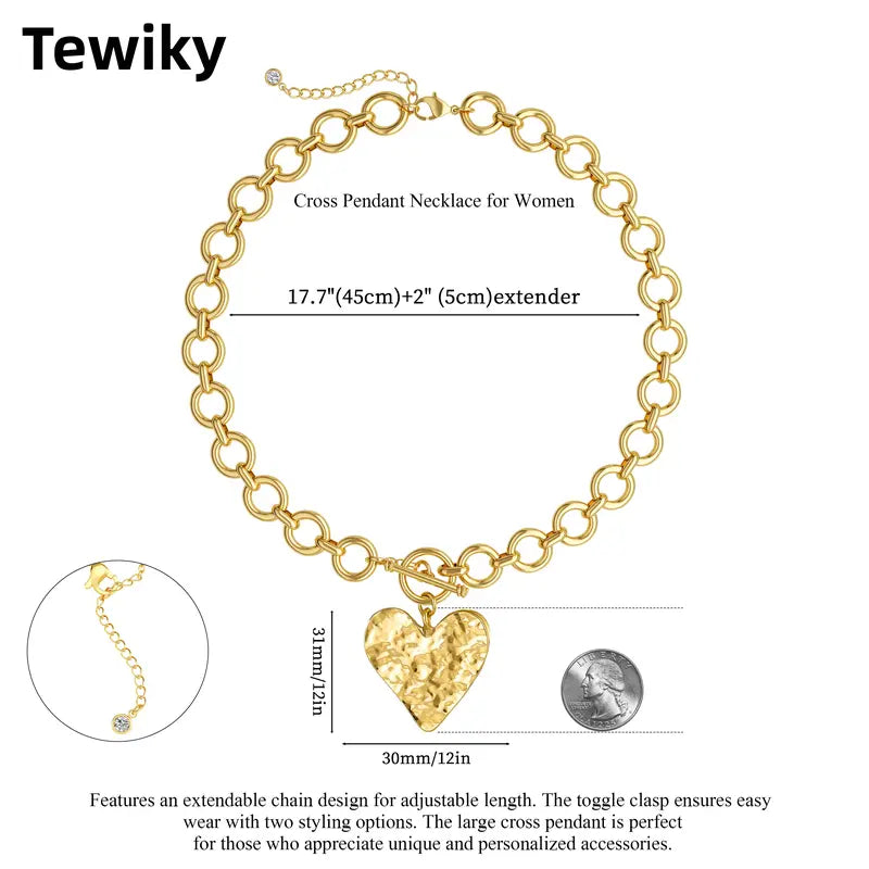 Tewiky Gold Paperclip O-Link Chain Hammered Heart Pendant OT Clasp Necklace for Women For Valentine's Day Gift Chic Gorgeous Jewelry Back To School