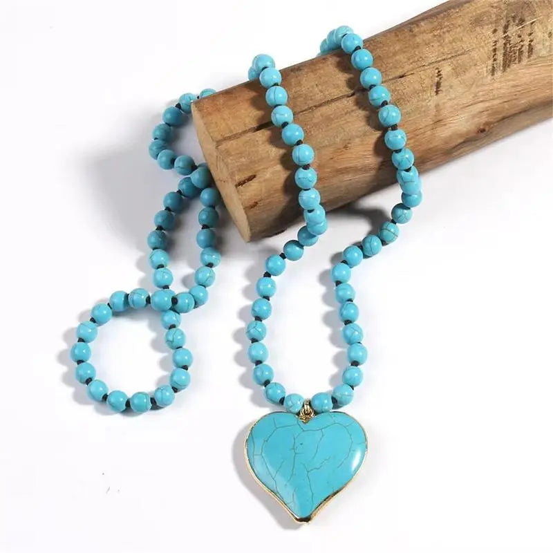 Women's Boho Vintage Turquoise Stone Fashion Necklace - 86-88cm Long Layered Chain, Allergy-Safe Blue Jeweled Pendant, Handmade Coastal Artistic Statement Costume Jewelry, Festival Beach Gift