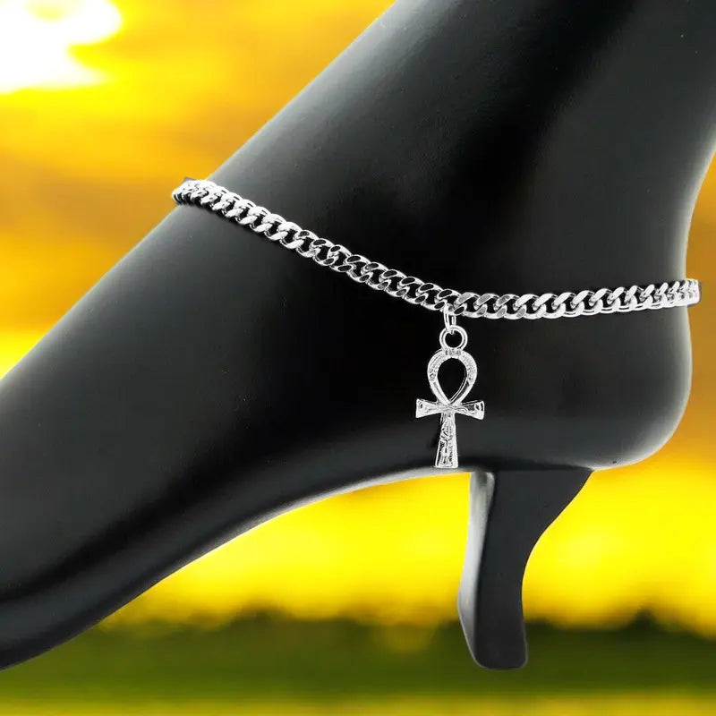 MaxBling81 Women's Blinged Out Ankh Logo Anklet - 4mm 10" Silver Cuban Chain, Polished Finish, Nefertiti Costume Jewelry, Daily Wear Fashion Accessory