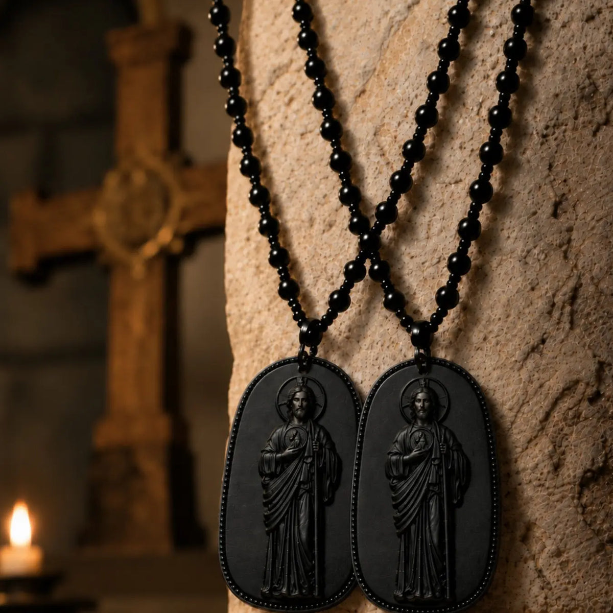 Saint Jude Pendant Necklace, Vintage Guardian Figure Carving Pendant, Gothic Atmosphere Beaded Necklace, Catholic Christian Religious Jewelry，San Judas Tadeo, Collar San Judas, Men's Necklace，Pendants of Jesus and Our Lady of Guadalupe, Catholic