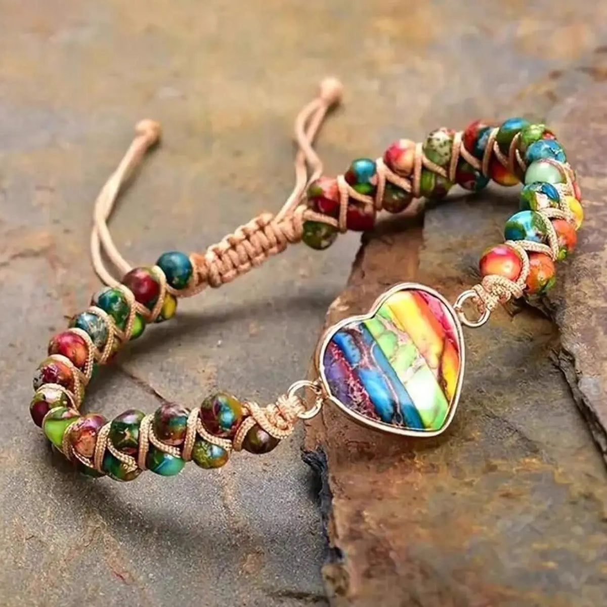 Boho Style Colorful Natural Stone Heart Beaded Bracelets Jewelry, Adjustable Unisex Jewelry, Casual Daily Wear, Couple Gift, Fashion Accessory