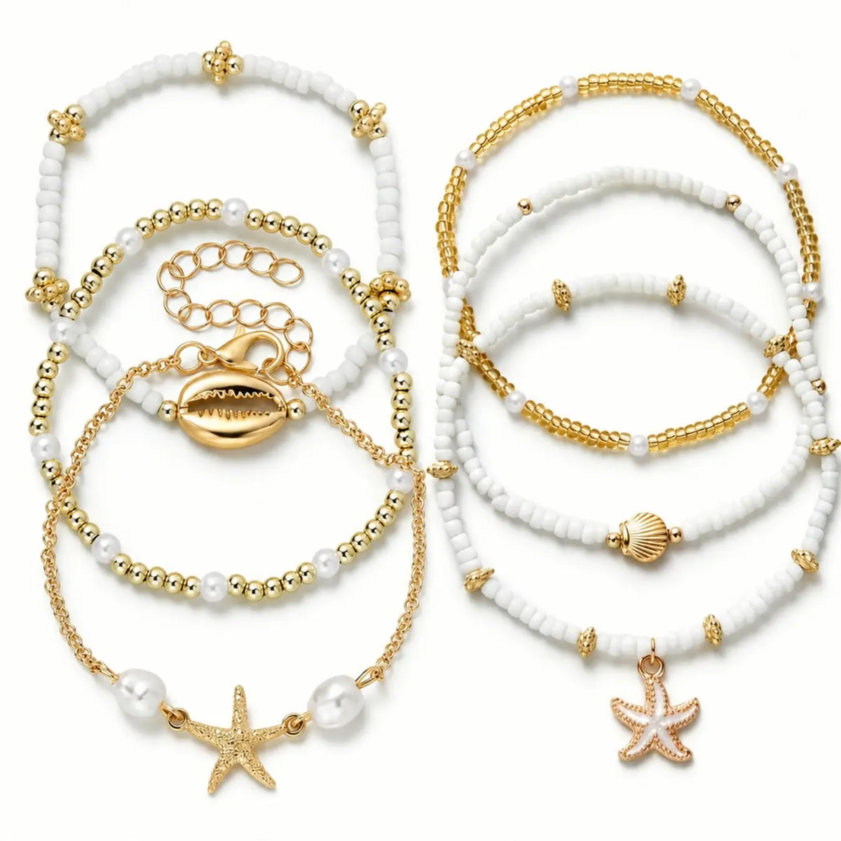 6 Pcs Bohemian Beach Style Enamel Starfish Rice Bead Anklets, Multi-layered Shell Beaded Jewelry Anklets for Casual and Vacation Wear, Boho Anklet