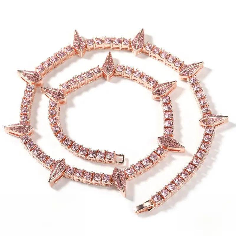 Men's Iced Out Spike Tennis Chain Necklace, Cubic Zirconia Statement Jewelry, Hip Hop Streetwear Punk Style, 18/20/22/24 Inch, Black Silver Gold Pink Blue Black Purple