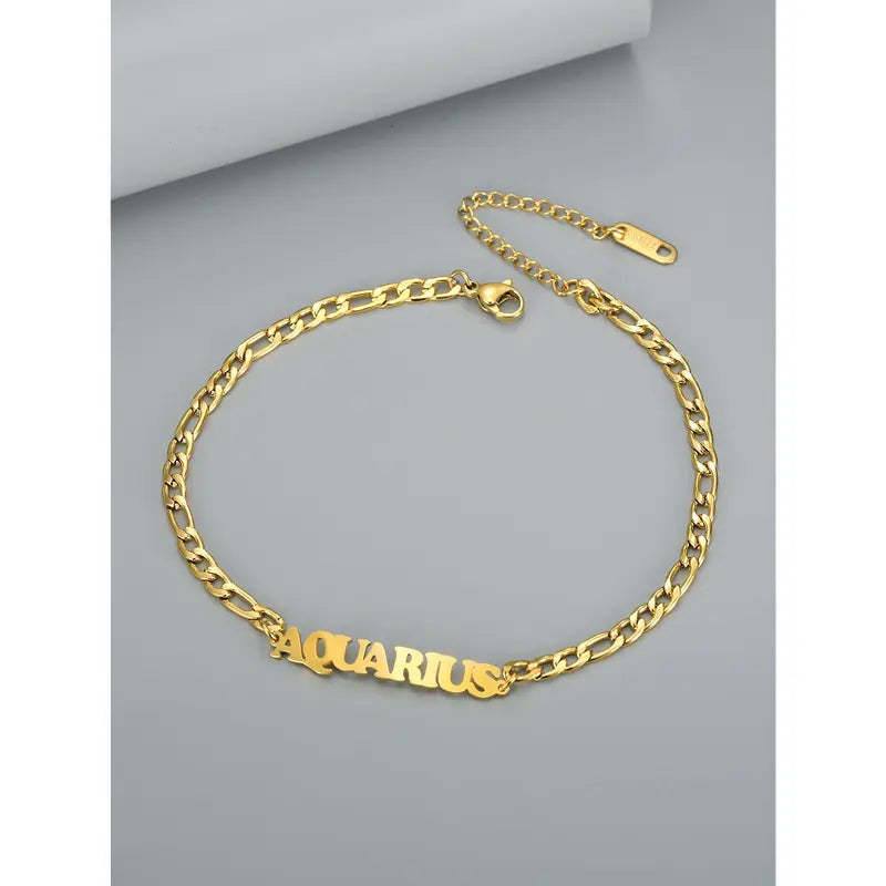 Women's Stainless Steel 12 Constellation Alphabet Letters Initial Anklet - Cuban Chain Ankle Bracelet, Elegant Accessory for Daily Vacation Use