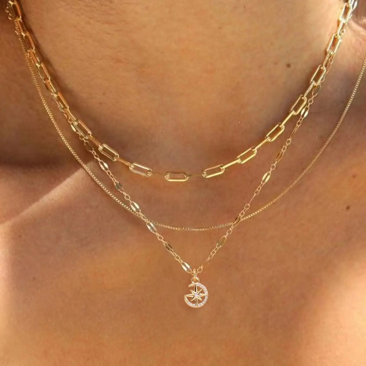3 Piece Trendy Grid Paperclip Box Chain Necklace Set, Trendy Jewelry, Minimalist Rectangle Pendant with Sparkling Star Artificial Zircon