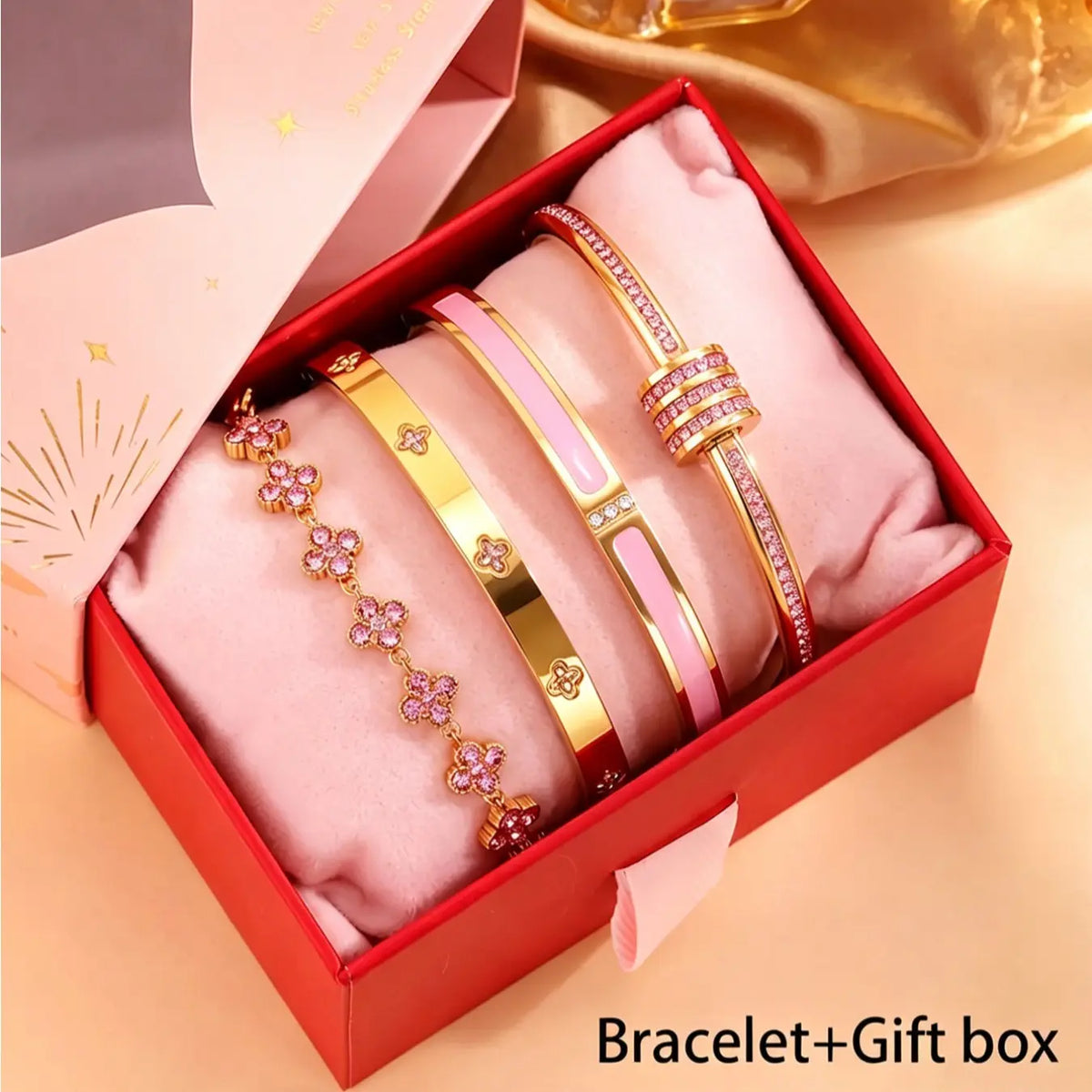4-piece stainless steel diamond bracelet with exquisite gift box, French elegant fashion style, very suitable for gift-giving and daily commuting, Set bracelet
