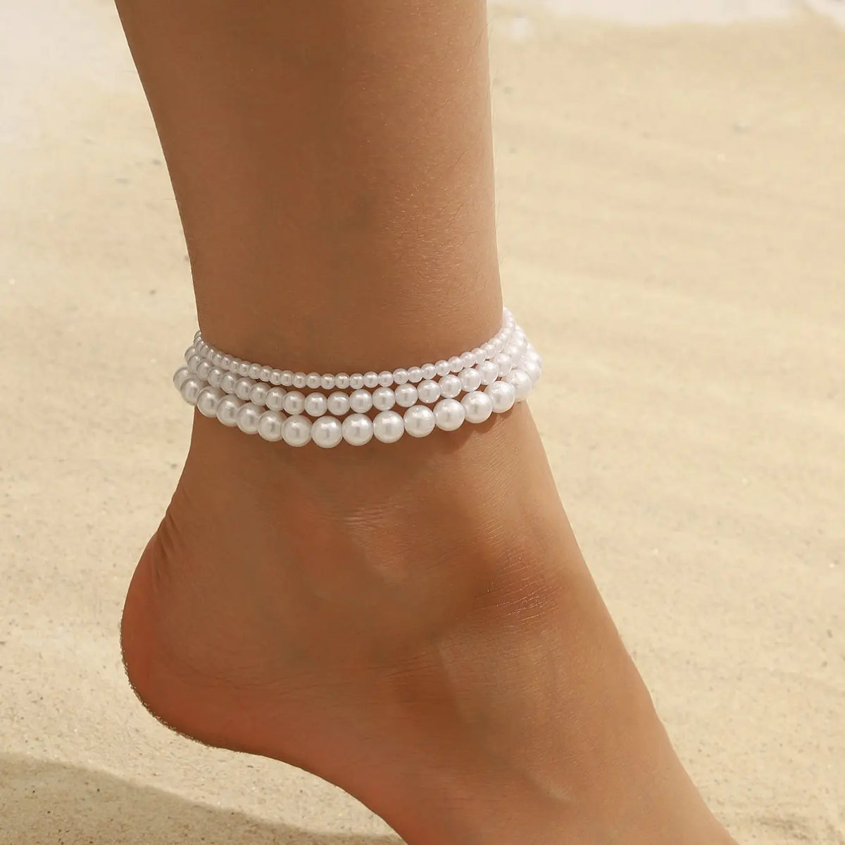 Women's Pearl Anklet Set, Elastic Design, Fashionable & Simple Style, Elegant Accessory, Perfect for Layering, Ideal Gift for Her