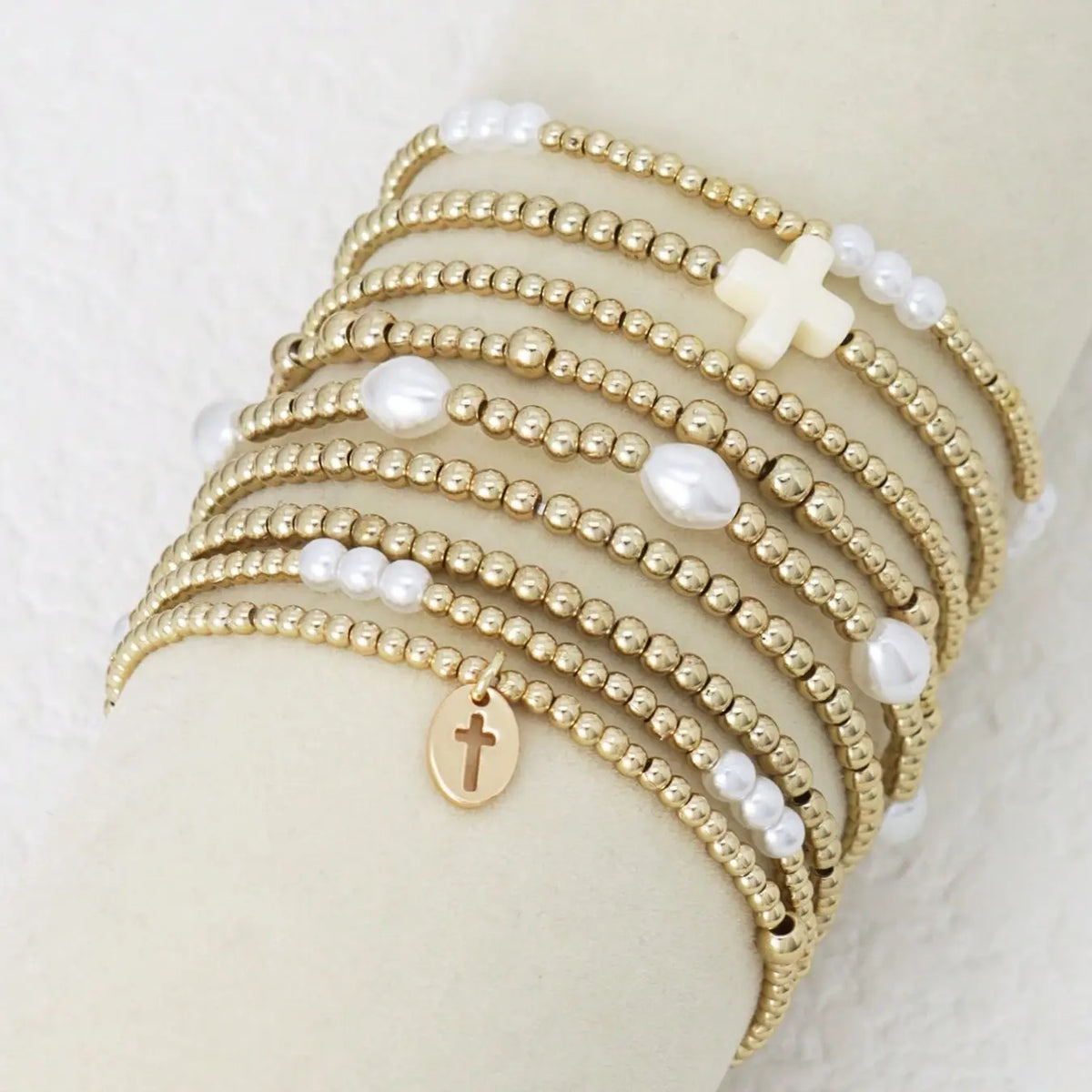 9-Piece Fashion Cross Pendant Artificial Pearl CCB Beaded Bracelets, Elastic Bracelet Set, Stacked Design Bracelets, Women's Layered Stacking Bracelets for Daily Wear
