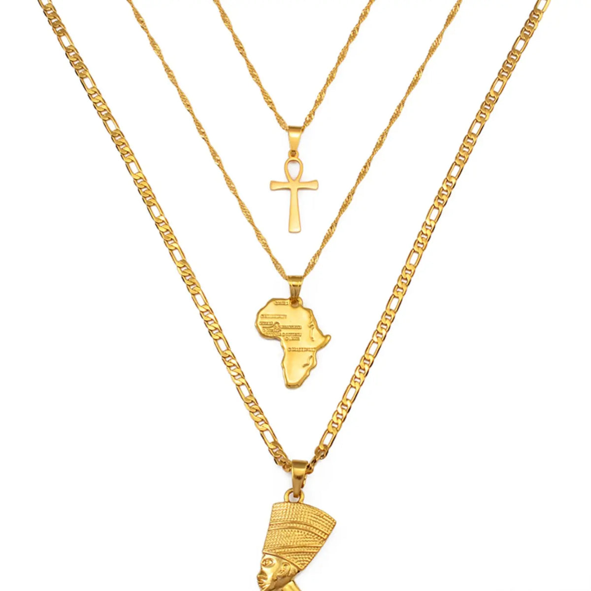 3pcs Necklaces Together Ankh Nefertiti Africa Map Pendant Gold/Silver Color Birthday Party Ethnic Jewelry Women Stacking Necklace