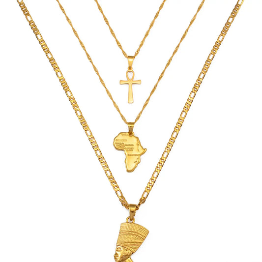 3pcs Necklaces Together Ankh Nefertiti Africa Map Pendant Gold/Silver Color Birthday Party Ethnic Jewelry Women Stacking Necklace
