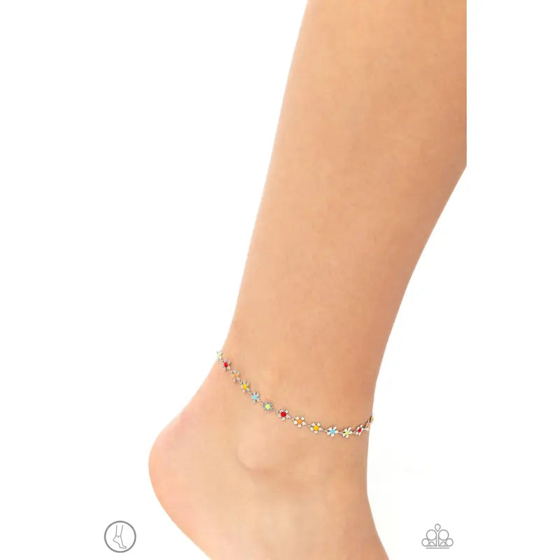 Familiar Florals - Multi Red Green Blue Flower Silver Anklet - Paparazzi