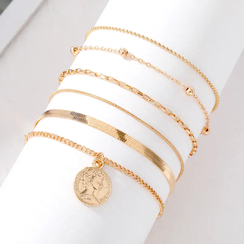 Female Women's Layered Gold Nylon Anklets Set - Retro Coin, Star, Butterfly Heart, Boho Pearl, Infinity Pendant Fashion Chic Accessories, Trendy Wearable Jewelry, Elegant Beach Summer Holiday Gift