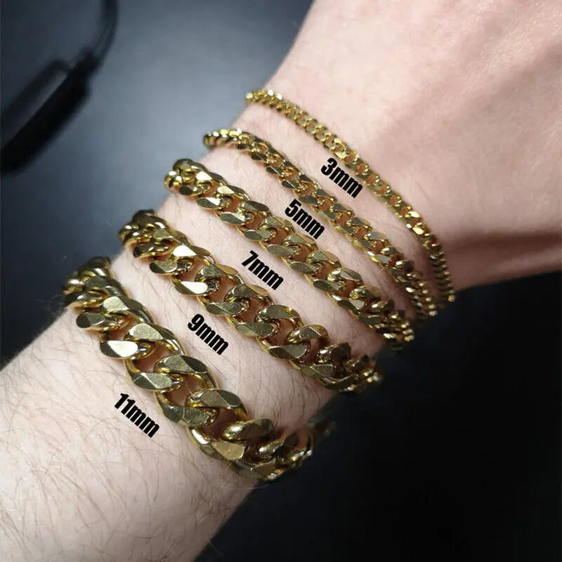 Gold Plated Stainless Steel Cuban Link Chain Bracelet 3/5/7/9/11MM Width 7/8/9/10/11" Length Unisex Jewelry Gift for Birthday Christmas Boyfriend