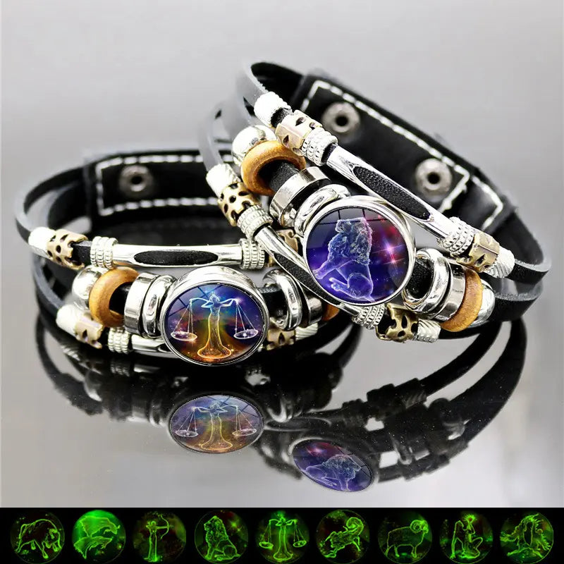 Glow-in-the-Dark 12 Zodiac Signs Leather Bracelet for Women Men 6.9in/8.1in, Glowing Effect Jewelry for Astrology Lovers, Fashion Accessory Jewelry Gift