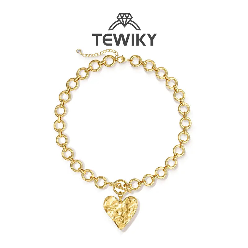 Tewiky Gold Paperclip O-Link Chain Hammered Heart Pendant OT Clasp Necklace for Women For Valentine's Day Gift Chic Gorgeous Jewelry Back To School