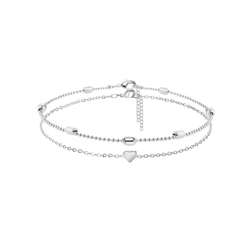 VENOCO Women's 2-Layered Gold Dainty Heart Charm Anklet, Elegant Everyday Foot Jewelry, Fashion Chic Ankle Bracelet, Summer Beach Gift Costume Jewelry for Women