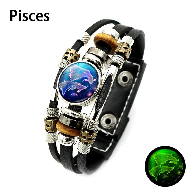 Glow-in-the-Dark 12 Zodiac Signs Leather Bracelet for Women Men 6.9in/8.1in, Glowing Effect Jewelry for Astrology Lovers, Fashion Accessory Jewelry Gift