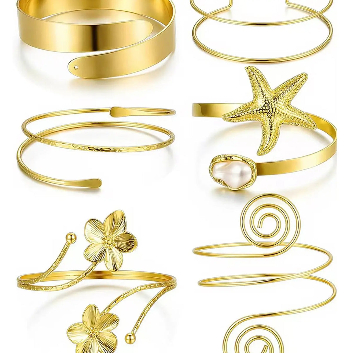 6PCS Gold Arm Cuff Bracelets for Women, Boho Statement Gold Upper Arm Bangle Band Armlet, Open Adjustable Cuff Bracelet Set, Stackable, Fashion Jewelry