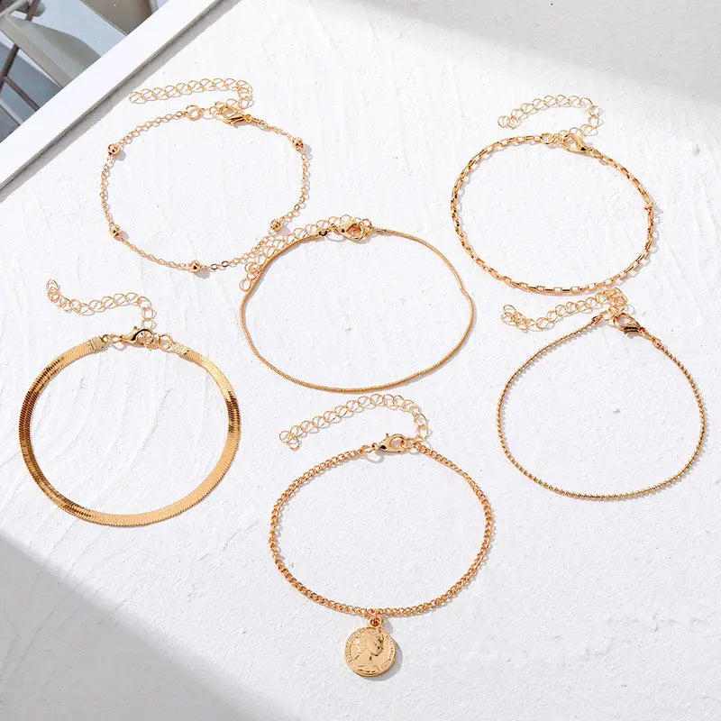 Female Women's Layered Gold Nylon Anklets Set - Retro Coin, Star, Butterfly Heart, Boho Pearl, Infinity Pendant Fashion Chic Accessories, Trendy Wearable Jewelry, Elegant Beach Summer Holiday Gift