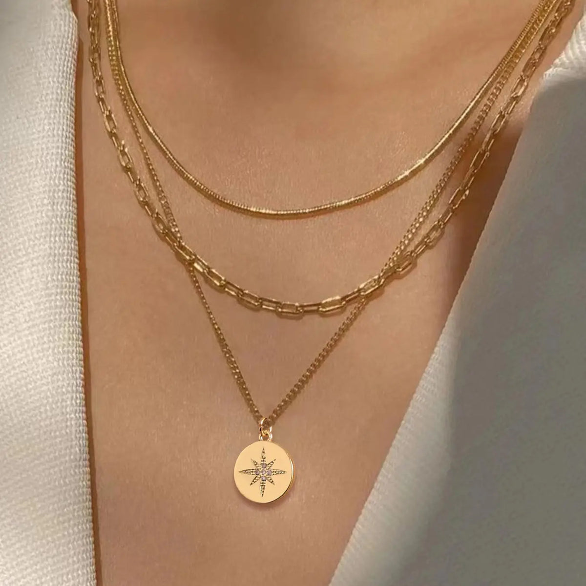 3 Piece Trendy Grid Paperclip Box Chain Necklace Set, Trendy Jewelry, Minimalist Rectangle Pendant with Sparkling Star Artificial Zircon