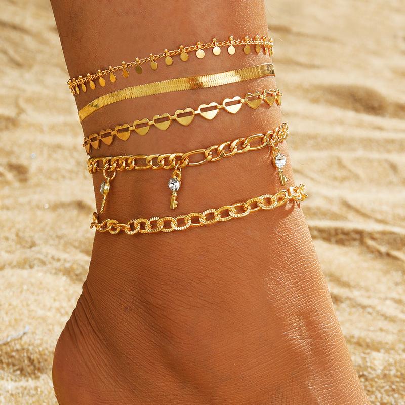 Female Gold-Layered Anklets - Boho Chevron Pattern, Hamsa Hand, Elephant Foot, Geometric, Love Letter Bead Animal Layering Foot Chains for Summer Gifting (Sports & Outdoor Camping & Hiking Hammocks Accessory)