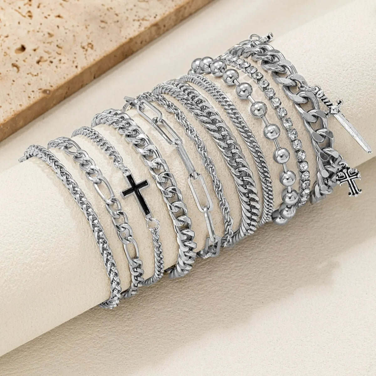 Metal Chain Design Cross Bracelet Set, Multi-Layer Beaded Fashion Accessory, Unisex Punk Style Jewelry, 11 Pieces Bracelet Stacks, Stacked Design Bracelets, Chain Bracelet Pack