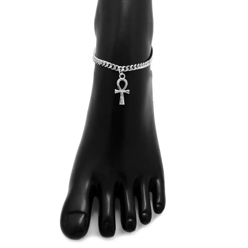 MaxBling81 Women's Blinged Out Ankh Logo Anklet - 4mm 10" Silver Cuban Chain, Polished Finish, Nefertiti Costume Jewelry, Daily Wear Fashion Accessory